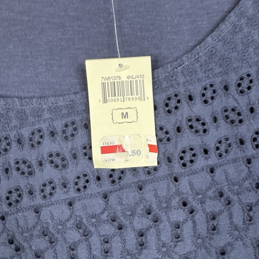 Lucky Brand Tunic Top Womens Size Medium Navy Blue Eyelet 3/4 Sleeve Boat Neck - Picture 9 of 15